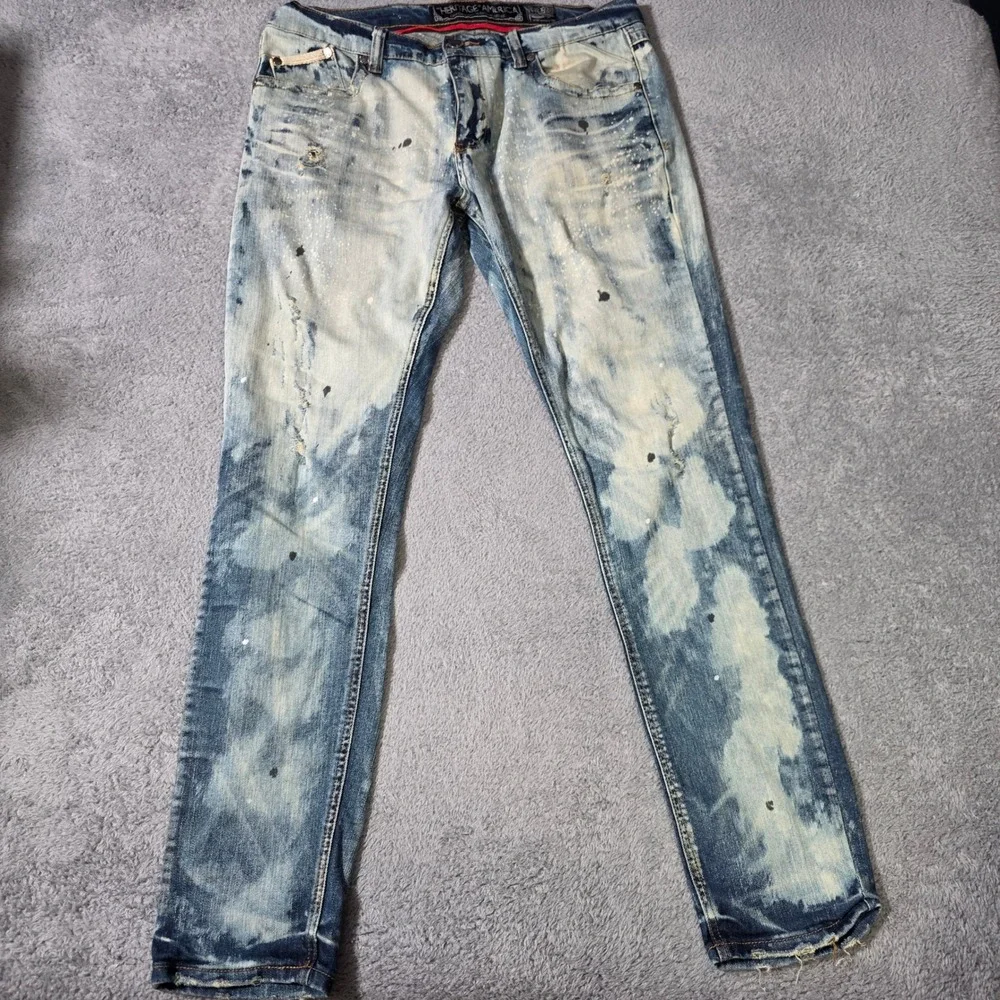 Heritage America Mens 38x34 Slim Jeans Blue Acid Wash Paint Splatter Distressed